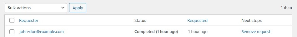 Export Personal Data screen - status completed
