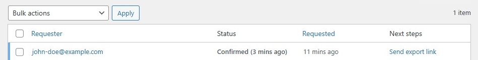 Export Personal Data screen - status confirmed