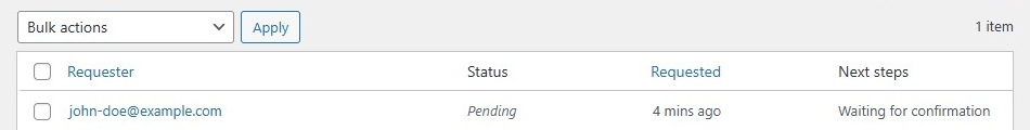 Export Personal Data screen - status pending