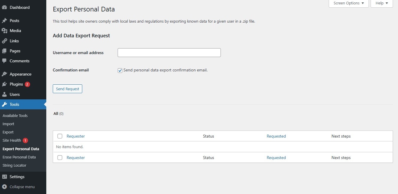 Export Personal Data screen