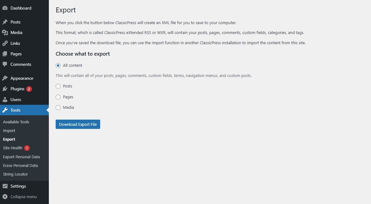 Export screen