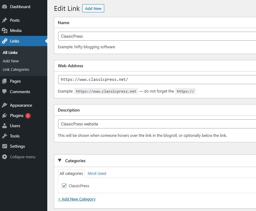 Links Manager - edit screen