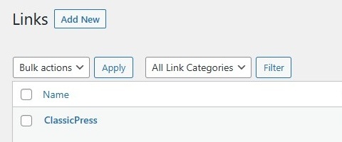 Links Manager screen filters