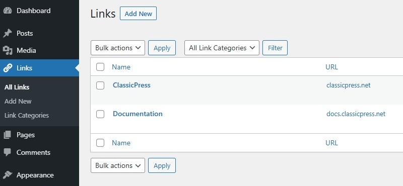 Links Manager screen