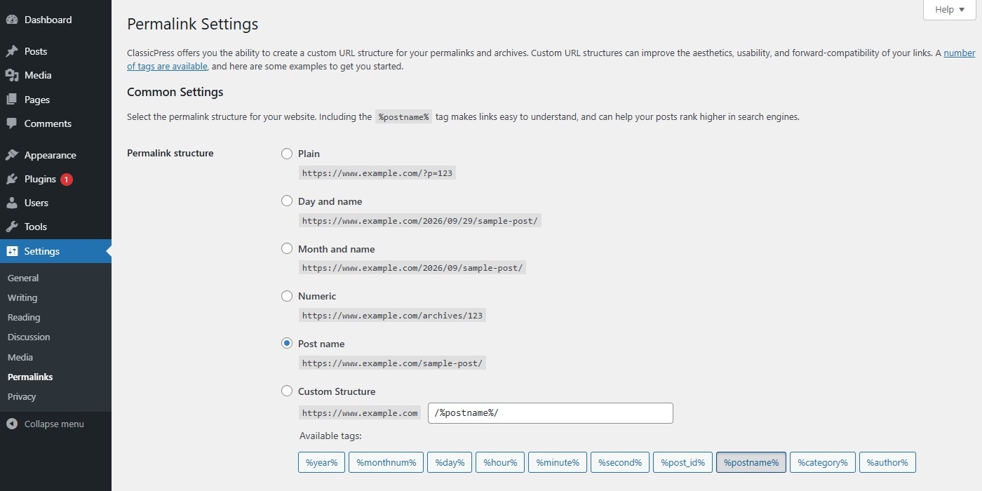 Settings Permalink Screen