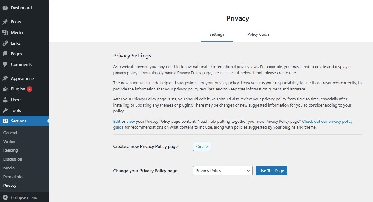 Settings Privacy Screen