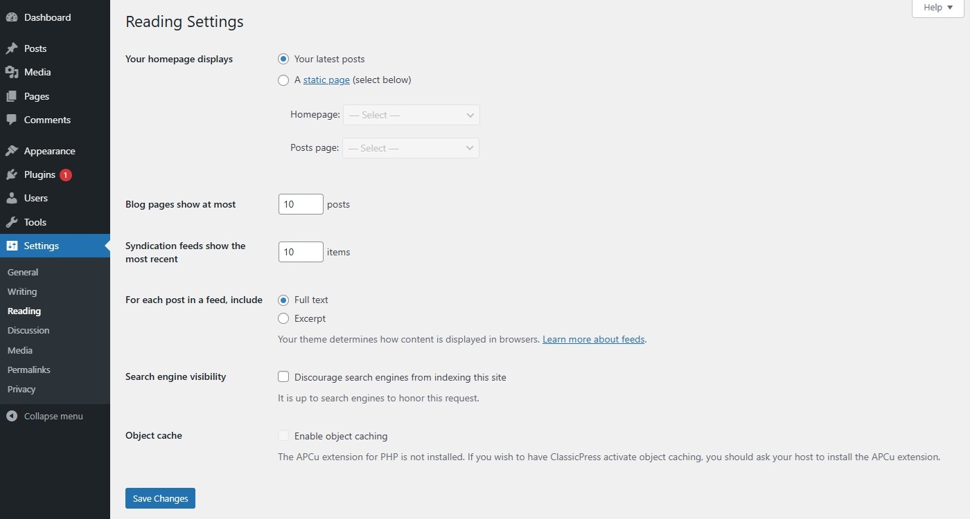 Settings Reading Screen