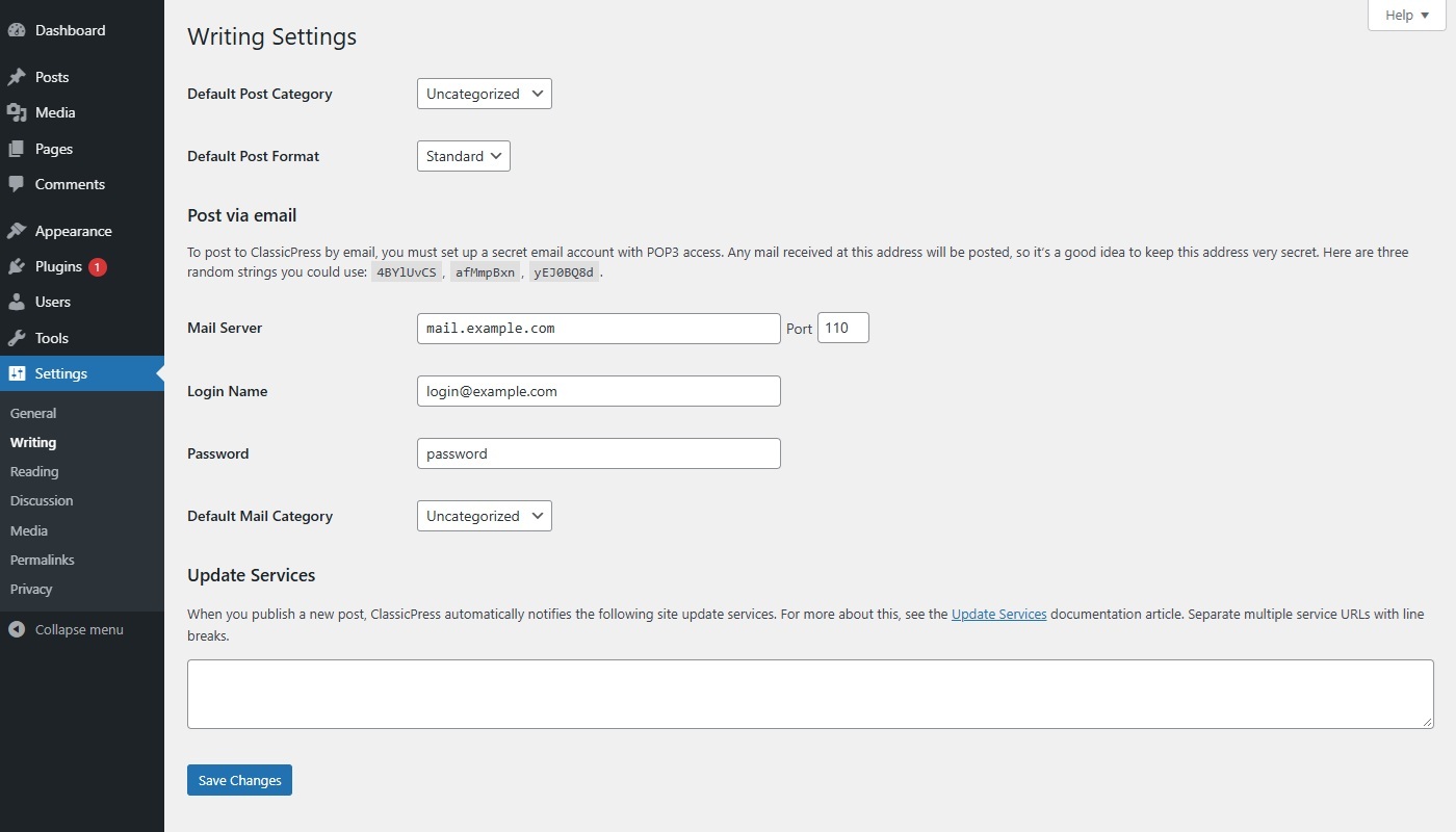 Settings Writing Screen
